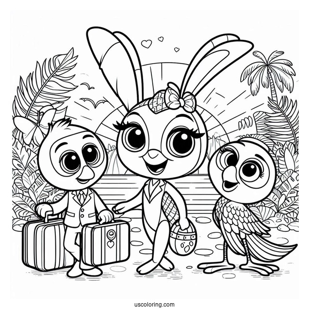 Luiz, Jewel, And Blue With A Suitcase Coloring Page