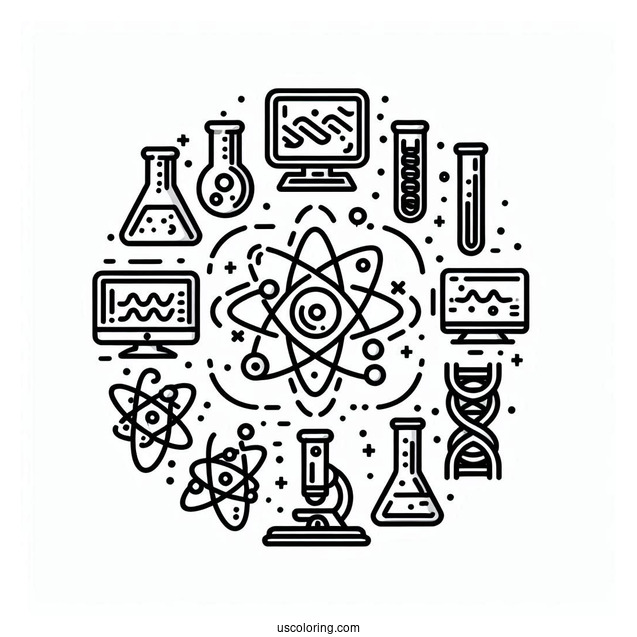 Science Coloring Page Of Full Page Scientific Symbols Atom, Beakers, Test Tubes, Computers, And DNA