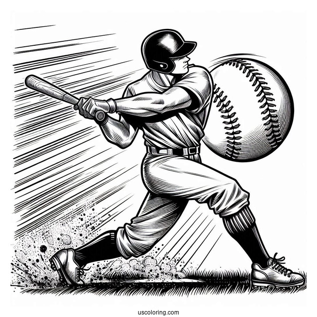 Powerful Baseball Coloring Page Of Swing with Comic Effect