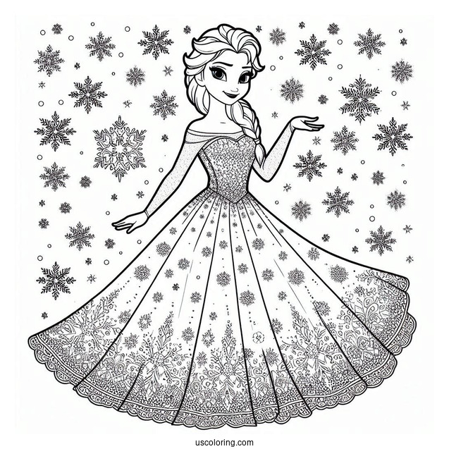 Elsa Stunning Dress With Snowflake Background Coloring Page