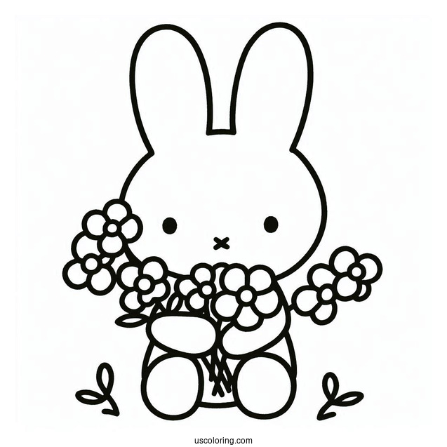 Easy Miffy Coloring Page Holding Flowers