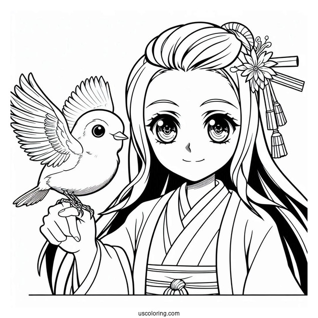 Nezuko Coloring Page And Tanjiro Holding Bird