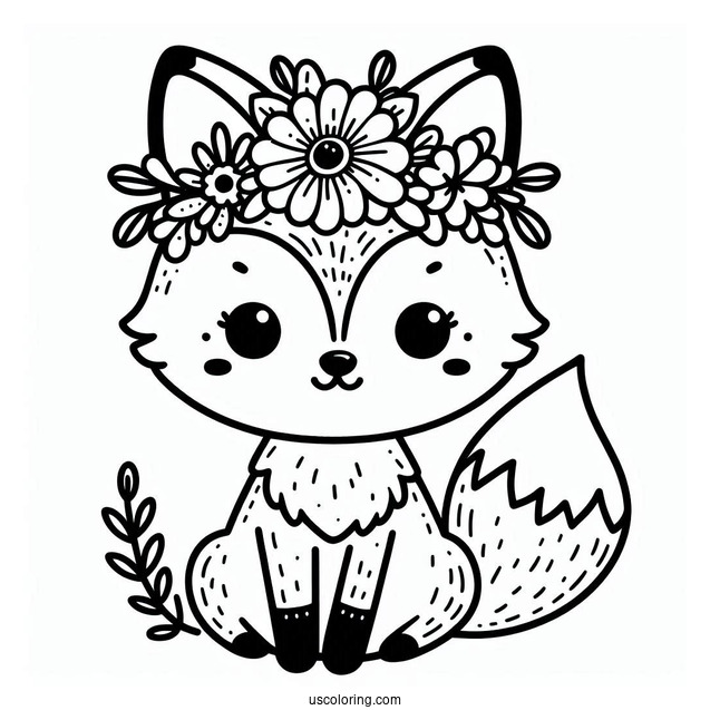 Easy Cute Coloring Page Fox Wearing A Flower Crown