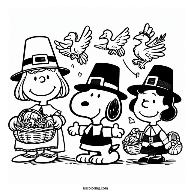 Snoopy And Friends Pilgrim Coloring Page Celebrating Thanksgiving