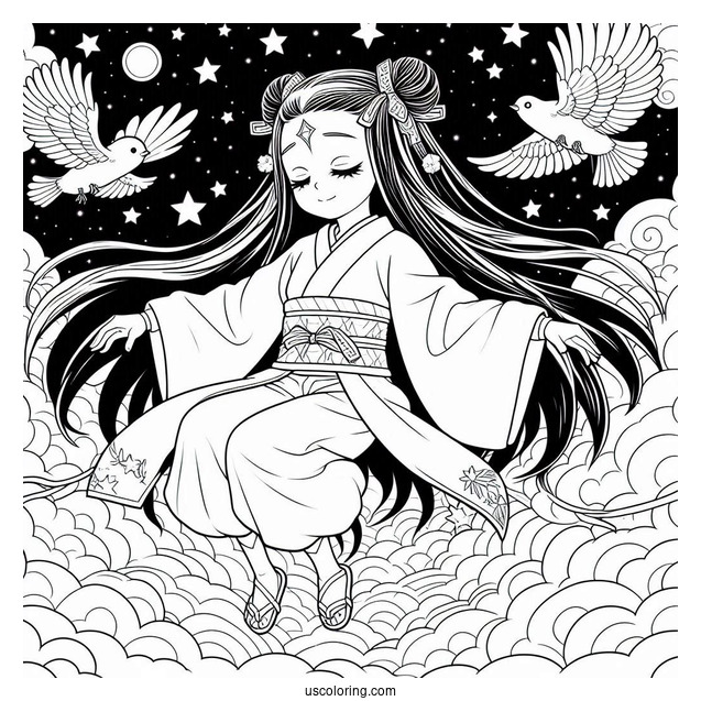 Nezuko Coloring Page In The Air With Stars