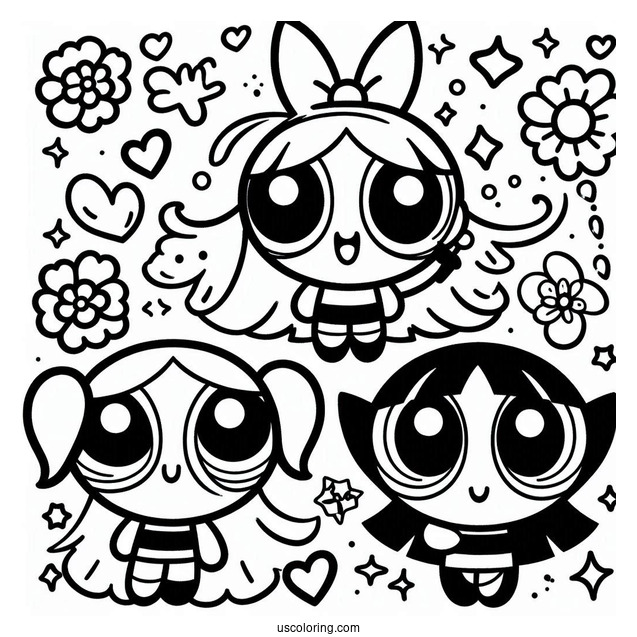 Kawaii Themed Powerpuff Girls Coloring Page