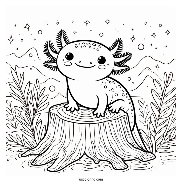 Happy Axolotl Coloring Page Standing On A Stump Under The Sea