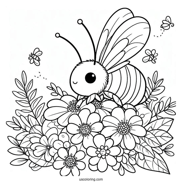 Bee Coloring Page Lying On A Pile Of Flowers And Leaves