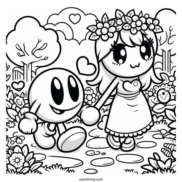 Pac Man With Mrs. Pac-Man Coloring Page And Baby In The Garden