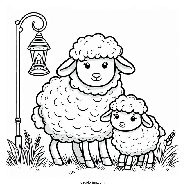 Mother Sheep And Lamp On Grass Coloring