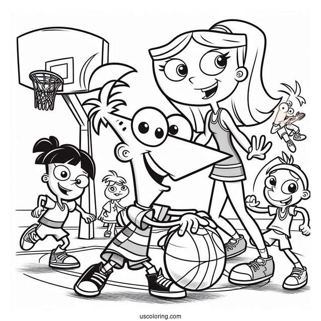 Phineas And Ferb Coloring Page Playing Basketball With Buford, Isabella, Baljeet, Candace, And Perry