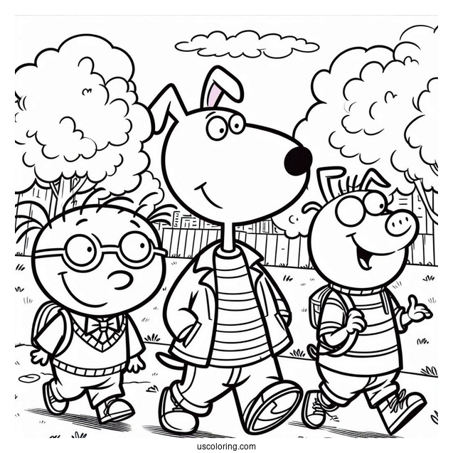 Nickelodeon Coloring Page Of Doug, Skeeter, And Porkchop Walking In Park