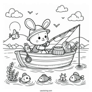 Cute Animals Fishing Coloring Page On A Boat At Sea For Kids