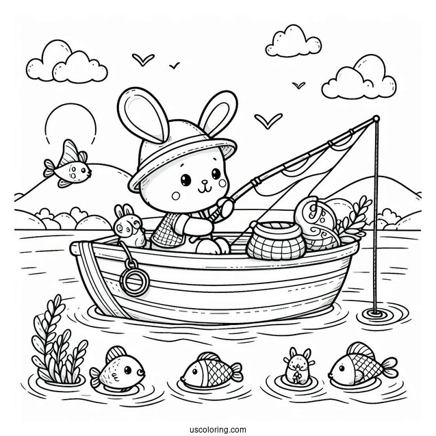 Cute Animals Fishing Coloring Page On A Boat At Sea For Kids