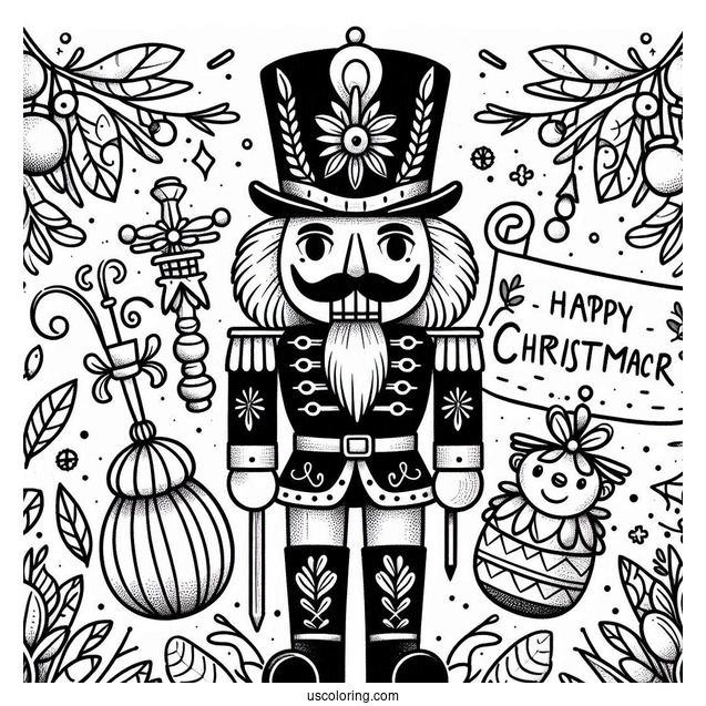 Close Up Of A Nutcracker Coloring Page With A Christmas Greeting For Kids