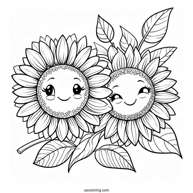 Two Smiling Sunflowers To Color In
