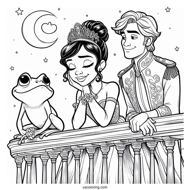 Tiana, Ray, And Frog Prince Naveen On Balcony Coloring In