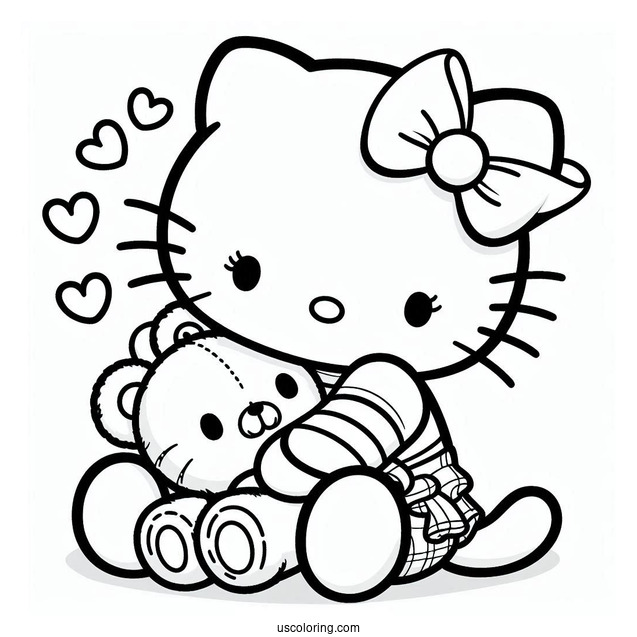 Coloring Page Of Hello Kitty Hugging Teddy Bear