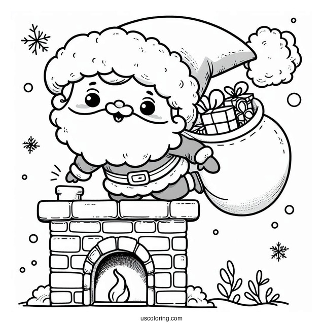 Coloring Page Of a Cute Santa Going Down a Chimney