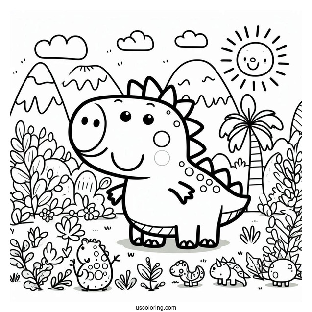 Dinosaur Themed Peppa Pig Coloring Page