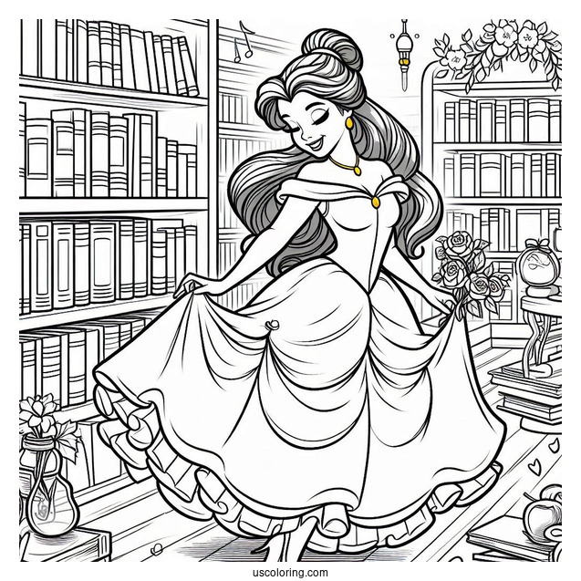 Coloring Page Of Belle Dancing In Book Store