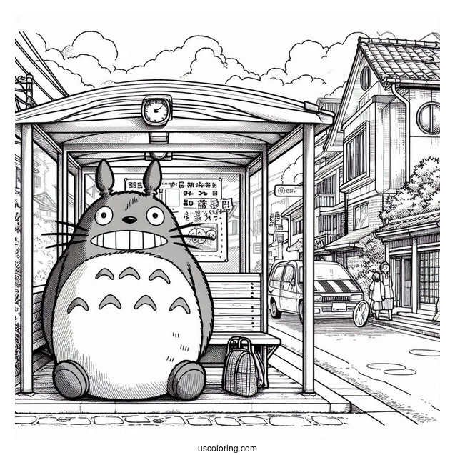 Studio Ghibli Coloring Page of Iconic My Neighbor Totoro At Bus Stop Poster