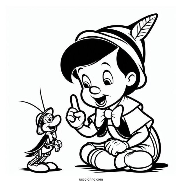 Pinocchio Coloring Page Talking To Jiminy Cricket On The Floor
