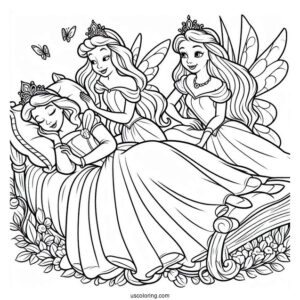 Sleeping Beauty With The Three Fairies Coloring Page