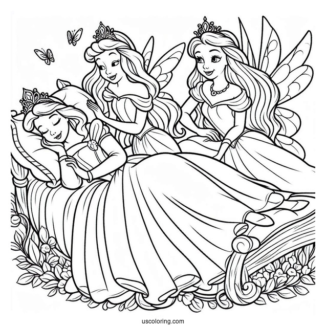 Sleeping Beauty With The Three Fairies Coloring Page