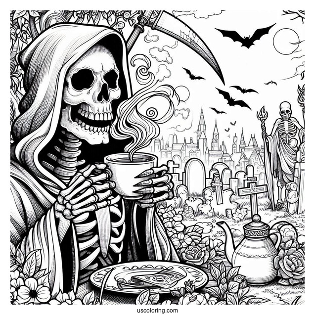 Skeleton Coloring Page Of Grim Reaper Drinking Tea In Cemetery Halloween