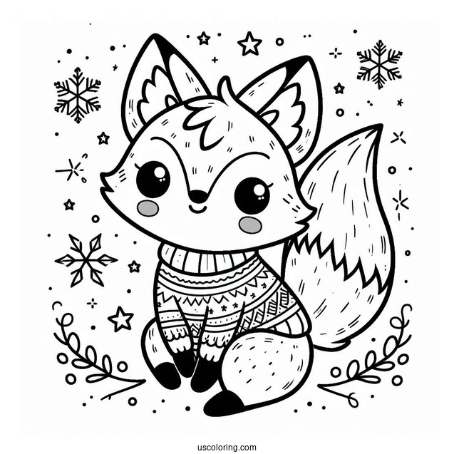Kawaii Fox Coloring Page In A Snowflake Sweater Surrounded By Stars