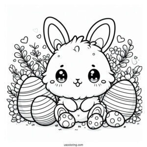 Easter Coloring Page Of Fluffy Kawaii Rabbit Surrounded By Easter Eggs