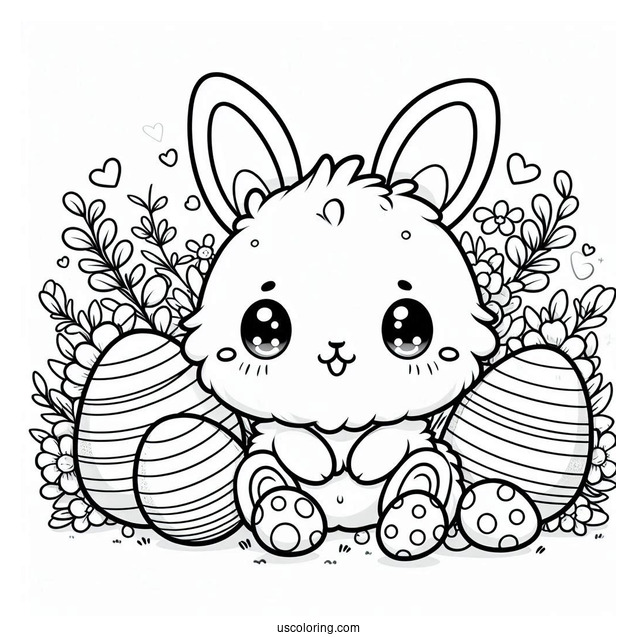 Easter Coloring Page Of Fluffy Kawaii Rabbit Surrounded By Easter Eggs