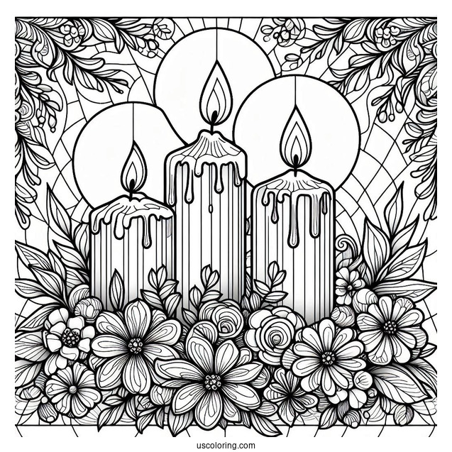 Four Candles Surrounded By Flowers Stained Glass Coloring Page