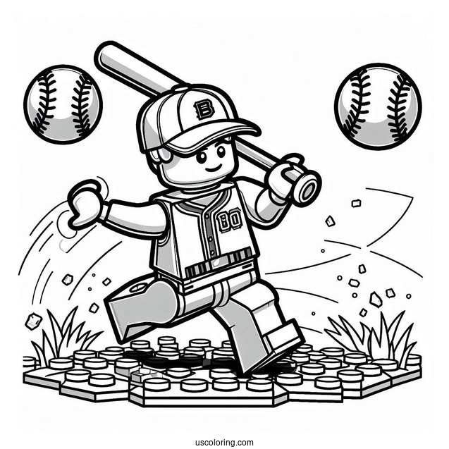 LEGO Baseball Coloring Page Player Swinging A Bat for Kids