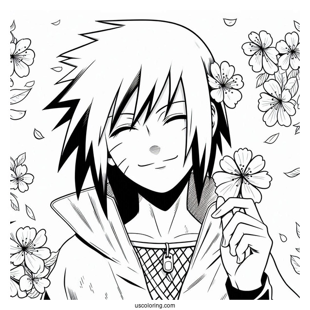 Uchiha Sasuke Coloring Page Smiling At Cherry Blossoms