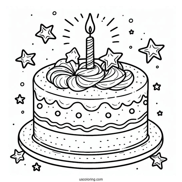 Simple Cake With Star Toppers And Candle Coloring Page