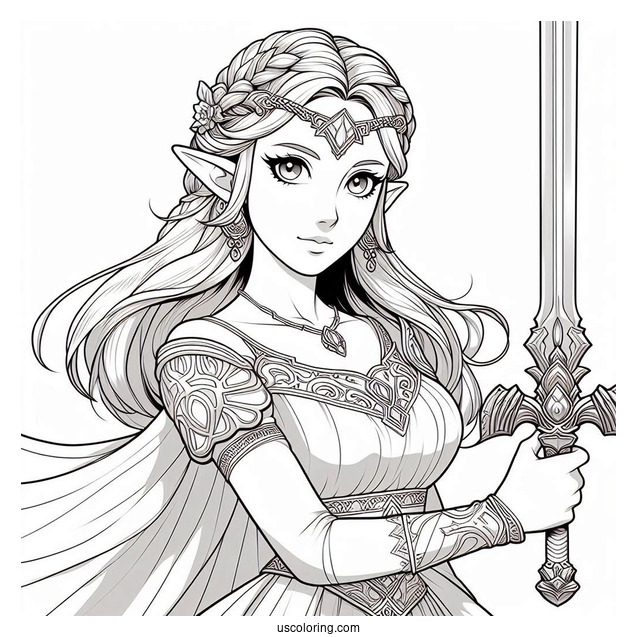 Princess Coloring Page Of Realistic Princess Zelda Holding Sword