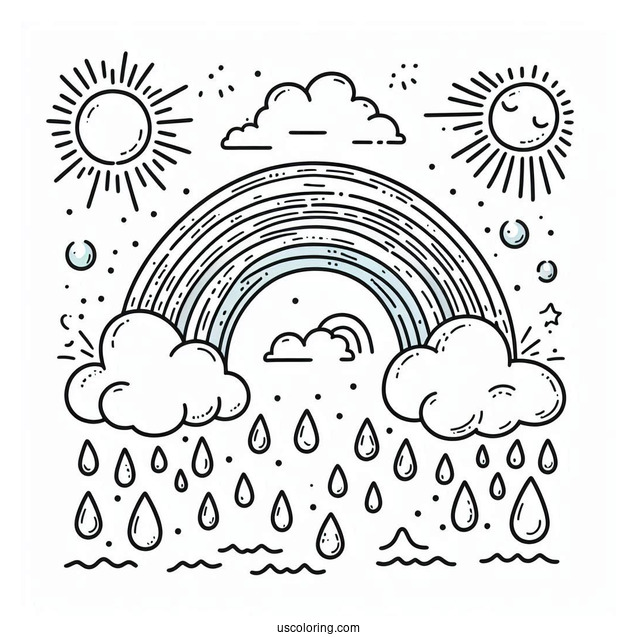 Rain Coloring Page Of Raindrops And Rainbows For Preschoolers