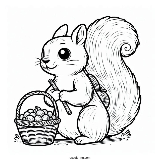Squirrel Coloring Page Holding Stick And Wearing Basket For Collecting Nuts