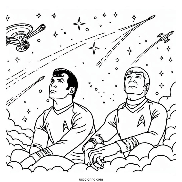 Star Trek Coloring Page Of Simple Outline Of Admiral Kirk And Spock Looking Up