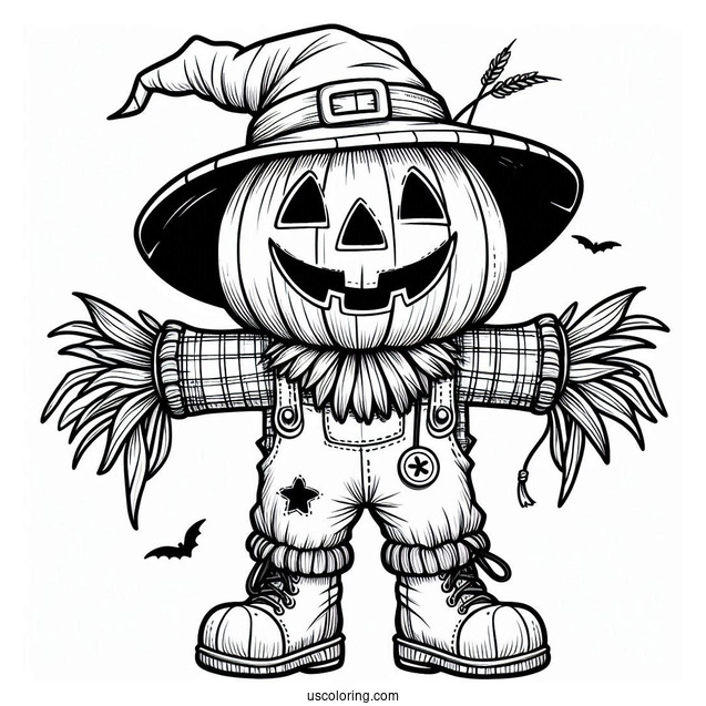 Jack O Lantern Scarecrow Coloring Page With A Top Hat On Halloween