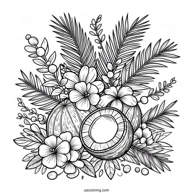 Full Page Flowers And Coconut Coloring Page