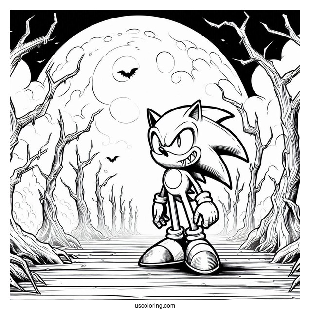 Creepy Sonic Exe Coloring Page With Dead Trees And Full Moon In Background
