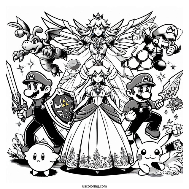 Mario, Zelda, Princess Peach, And Pokemon Super Smash Bros Coloring Page