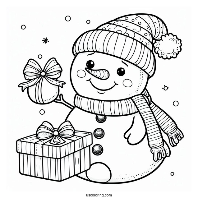 Adorable Snowman Giving a Present To Color