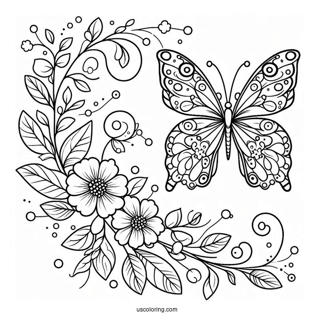 Beautiful Butterfly Coloring Page On A Vine Of Flowers