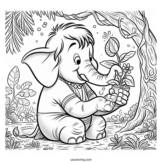 Jungle Book Coloring Page Of Hathi Holding Plant With His Trunk