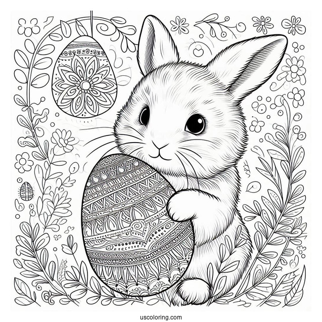 Furry Bunny Holding An Easter Coloring Page Of Egg With Mandala Pattern