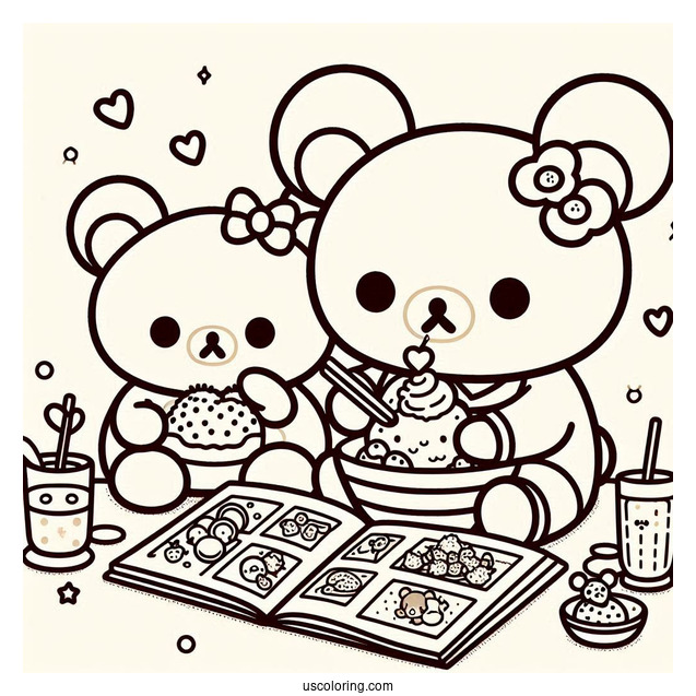 Rilakkuma Coloring Page Of Korilakkuma, And Kiiroitori Eating While Reading Magazine For Kids